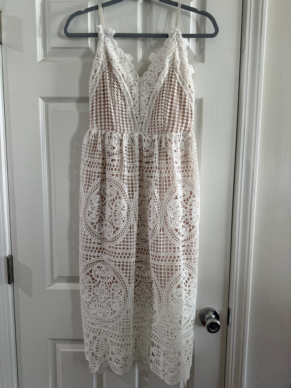 Lace Overlay V-Neck Midi Dress - White